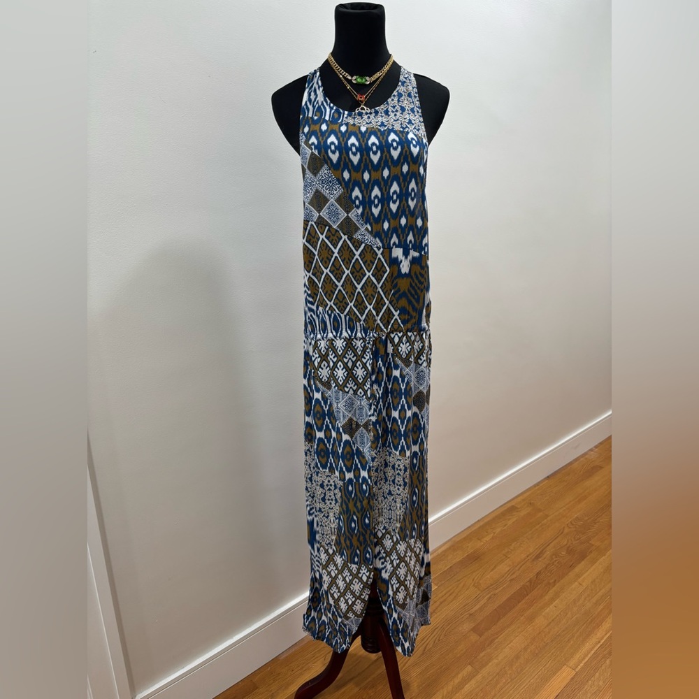 710. Sleeveless Patchwork Batik Maxi Dress With Adjustable Waist Tie &Front Slit